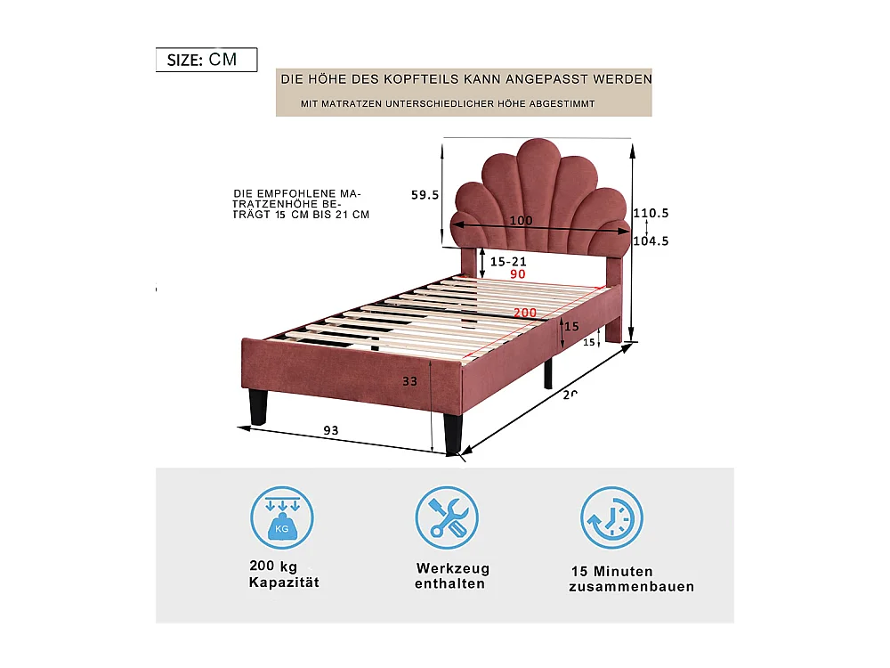Volwassen bed 90x200 cm bed gestoffeerd bedframe lattenbodem Eenpersoons fluweel rode bonenpasta
