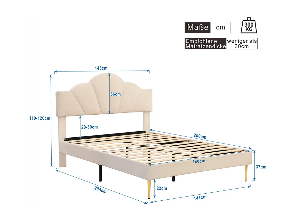 Gestoffeerd bed 140x200 cm tweepersoonsbed met lattenbodem - verstelbaar hoofdeinde - fluwelen stof - beige