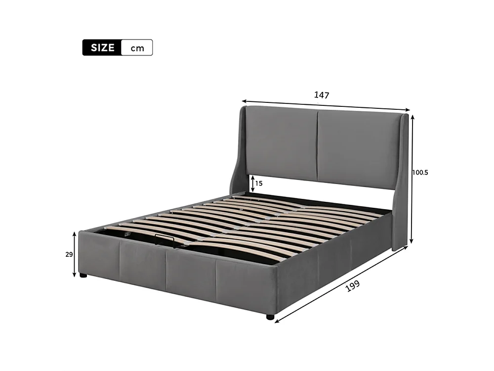 Hydraulisch gestoffeerd bed 140x190cm, oorvormig, hoofdeinde, tweepersoonsbed, functioneel bed, fluweel, grijs