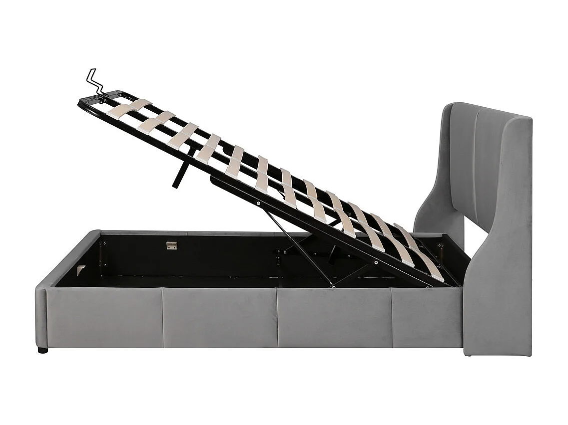 Hydraulisch gestoffeerd bed 140x190cm, oorvormig, hoofdeinde, tweepersoonsbed, functioneel bed, fluweel, grijs