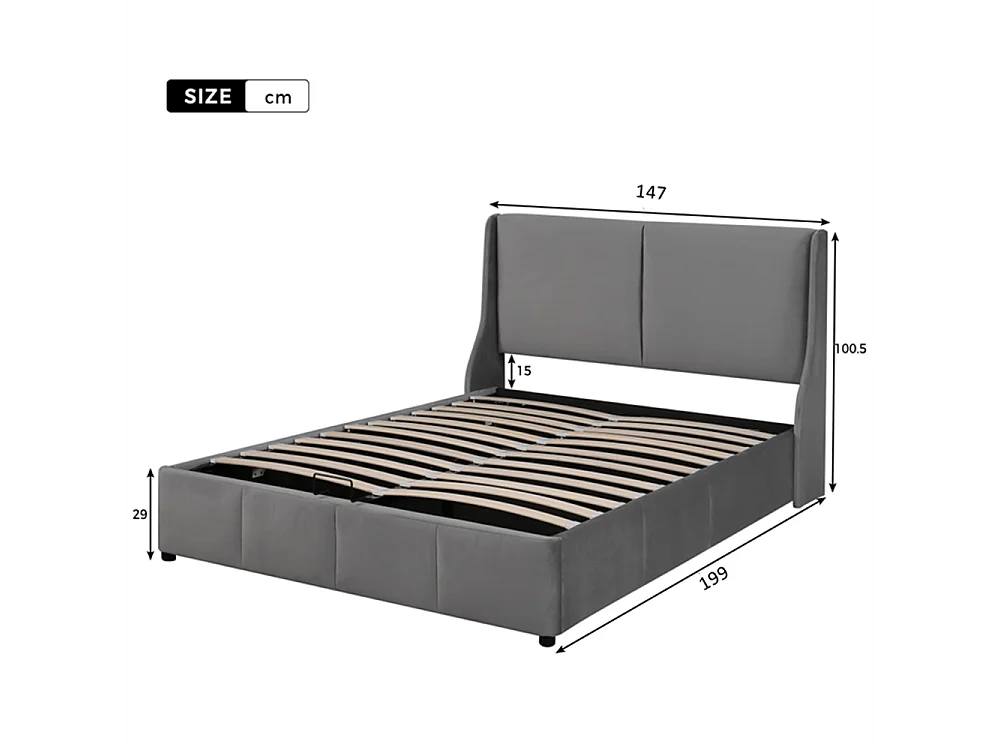 Hydraulisch gestoffeerd bed 140x190cm, oorvormig, hoofdeinde, tweepersoonsbed, functioneel bed, fluweel, grijs