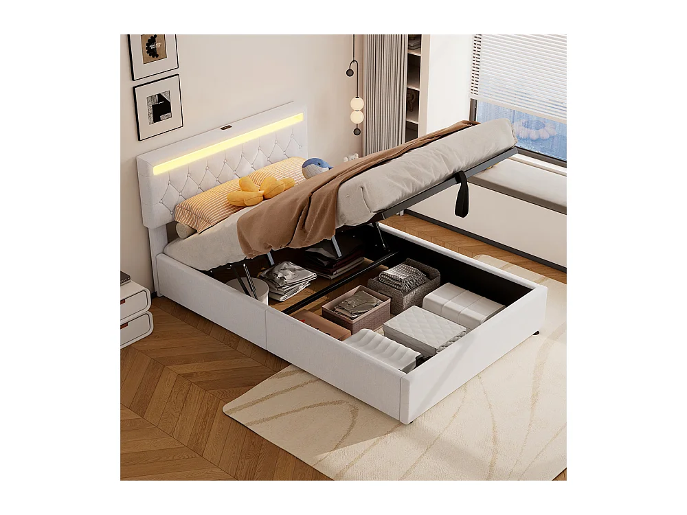 Volwassen bed 140x200 cm gestoffeerd bed opbergbed met sfeerverlichting tweepersoonsbed wit linnen