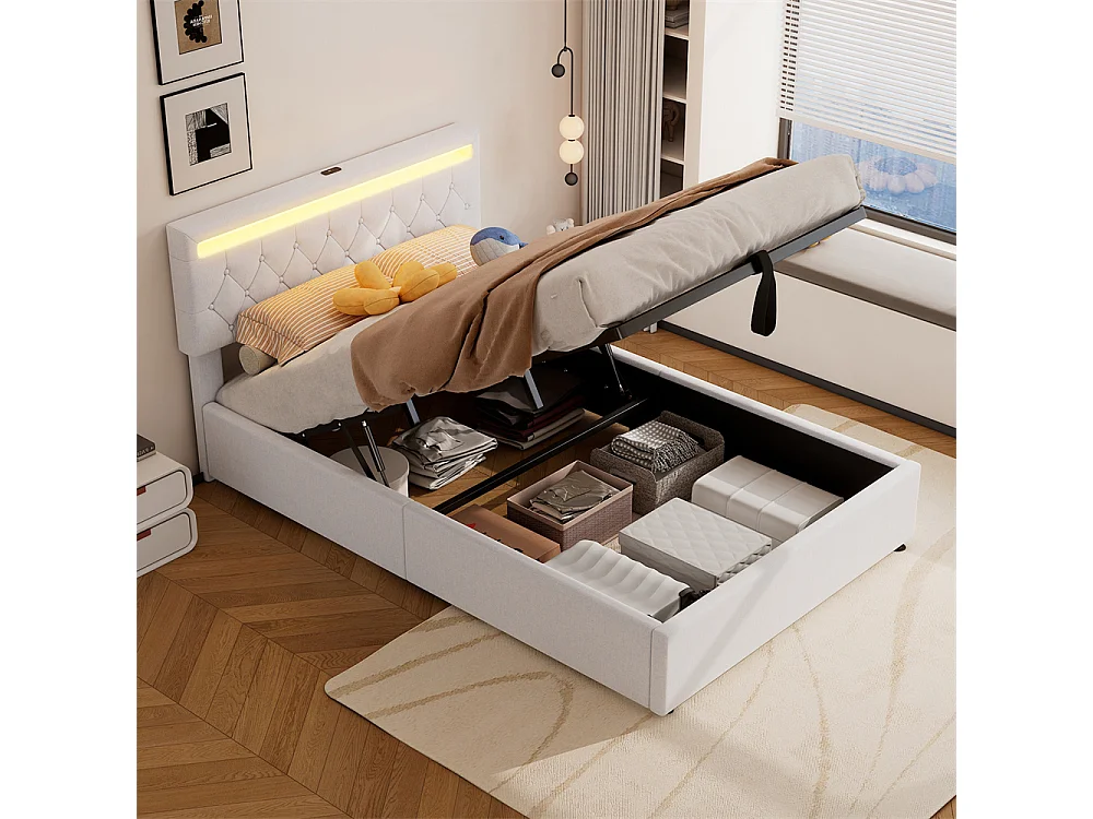 Volwassen bed 140x200 cm gestoffeerd bed opbergbed met sfeerverlichting tweepersoonsbed wit linnen