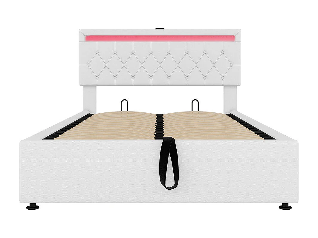 Volwassen bed 140x200 cm gestoffeerd bed opbergbed met sfeerverlichting tweepersoonsbed wit linnen