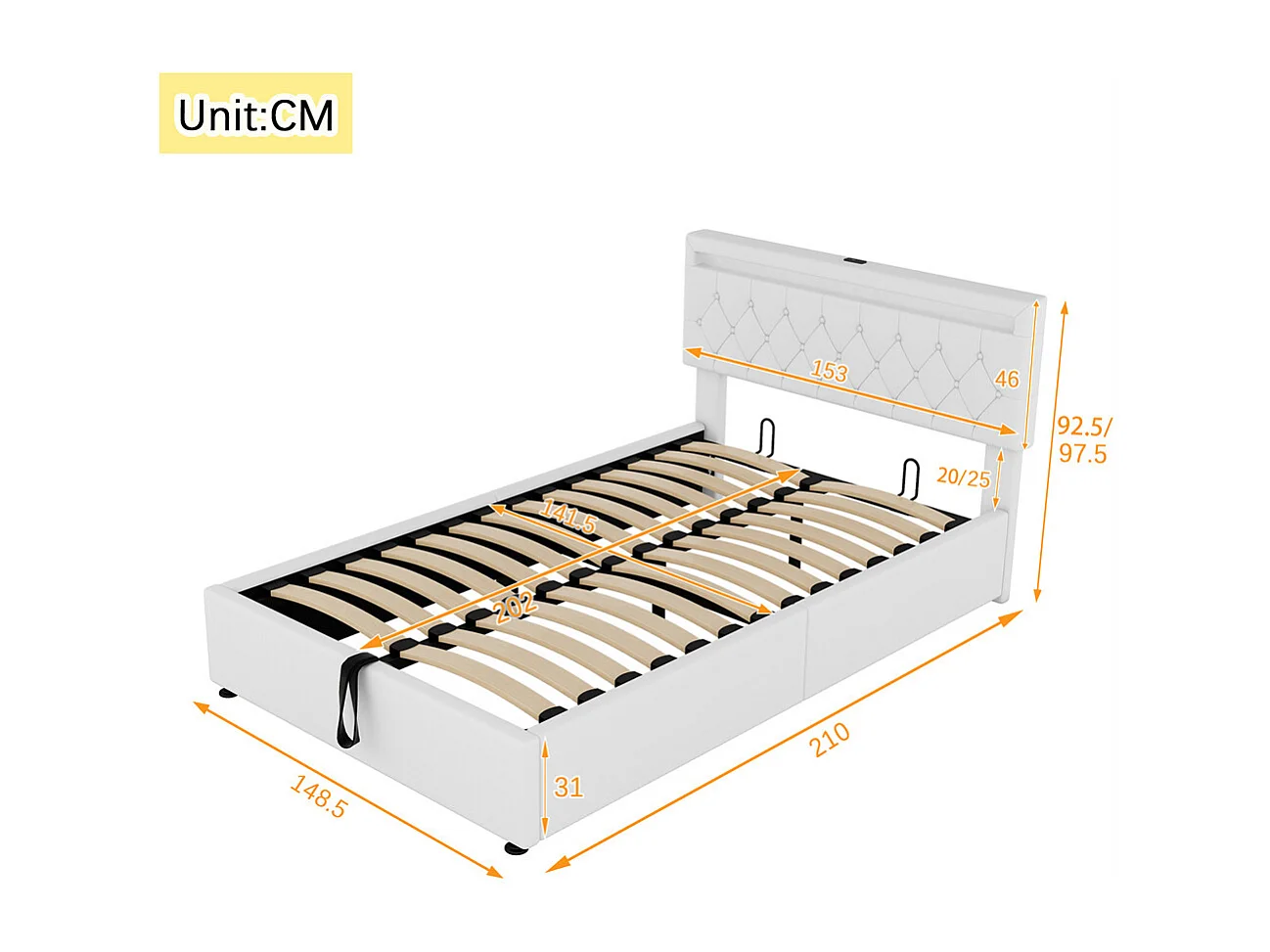 Volwassen bed 140x200 cm gestoffeerd bed opbergbed met sfeerverlichting tweepersoonsbed wit linnen