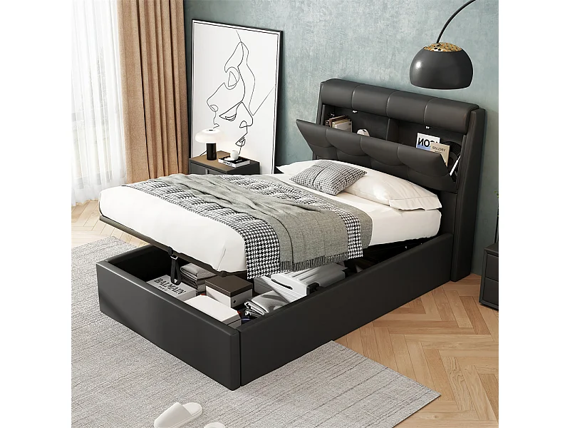 Lit adulte lit 90x200 cm lit rembourré hydraulique Single avec sommier à lattes pu noir