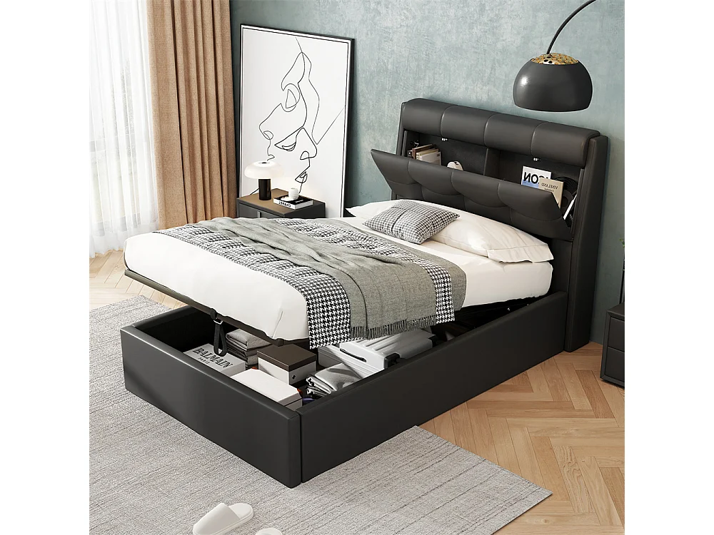 Lit adulte lit 90x200 cm lit rembourré hydraulique Single avec sommier à lattes pu noir