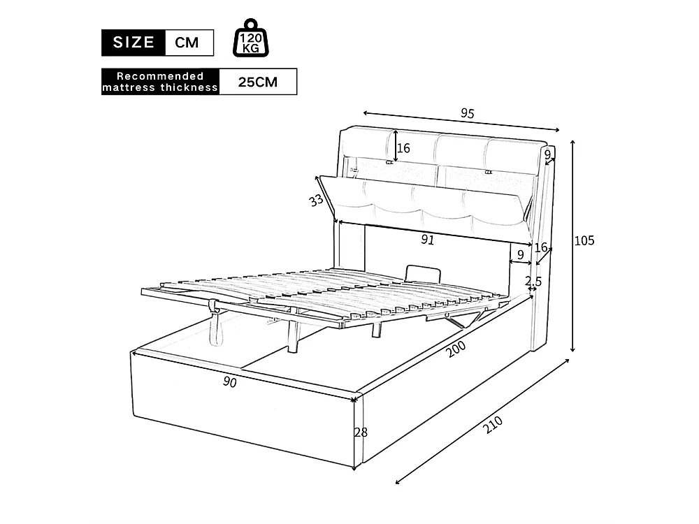 Lit adulte lit 90x200 cm lit rembourré hydraulique Single avec sommier à lattes pu noir