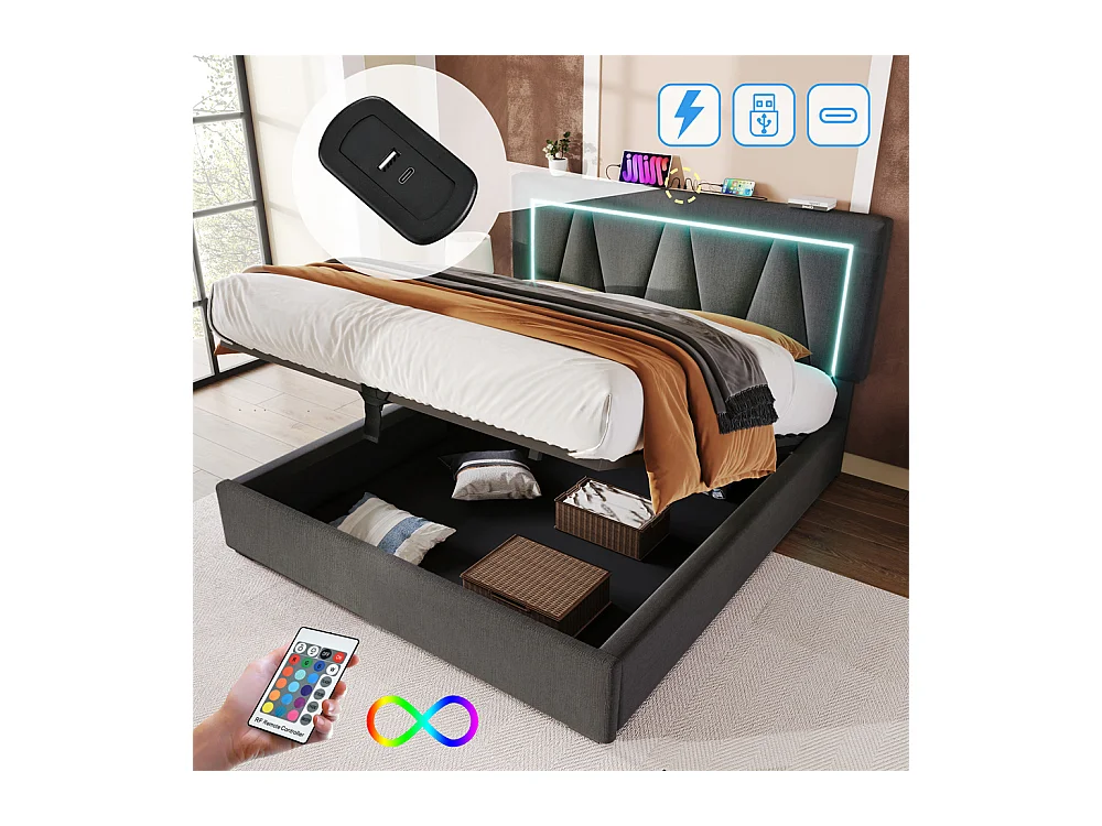 Gestoffeerd bed met opbergruimte 140x200 cm opbergbed led-verlichting met usb type c oplaadfunctie tweepersoonsbed grijs linnen