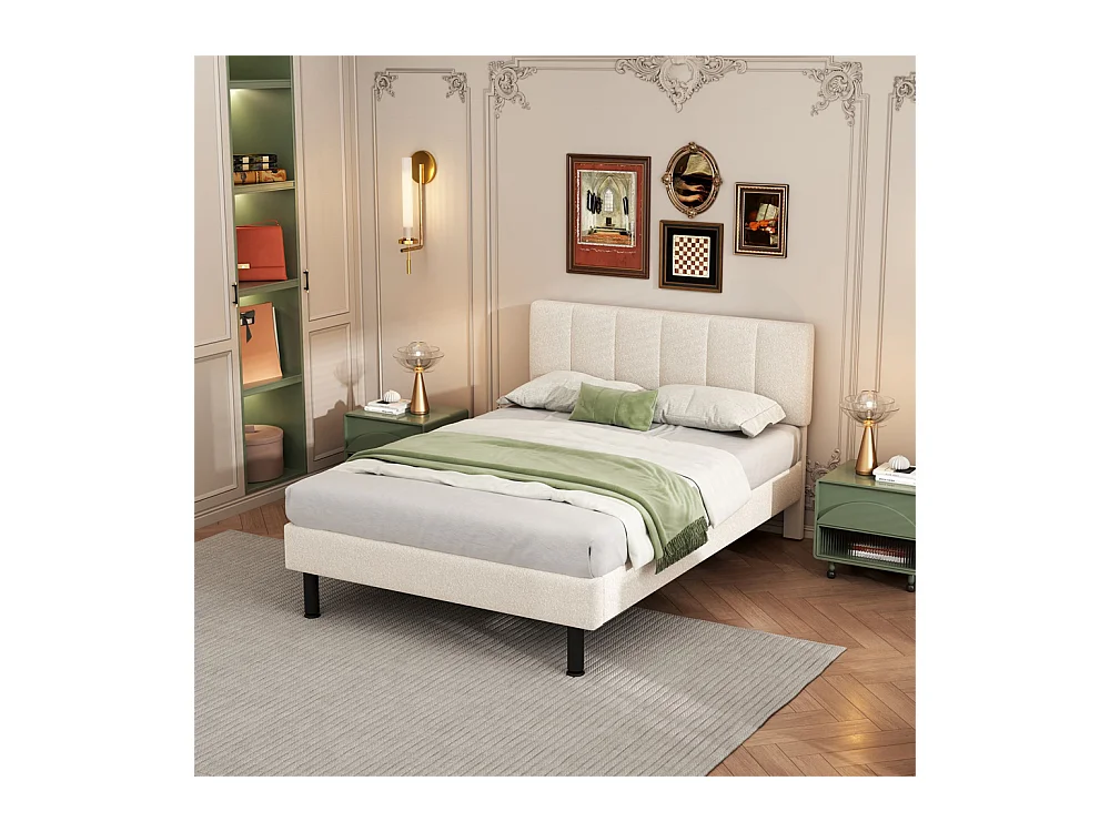 Volwassen bed houten lattenbodem 140x190 cm gestoffeerd bed ijzeren poten bed Eenpersoonsbed beige sherpa