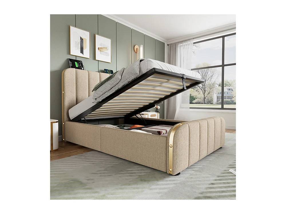 Hydraulisch gestoffeerd bed 90x200cm, bed met opbergruimte, hoofdbord met USB Type-C oplaadfunctie, linnen, beige, zonder matras