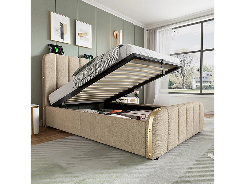 Hydraulisch gestoffeerd bed 90x200cm, bed met opbergruimte, hoofdbord met USB Type-C oplaadfunctie, linnen, beige, zonder matras