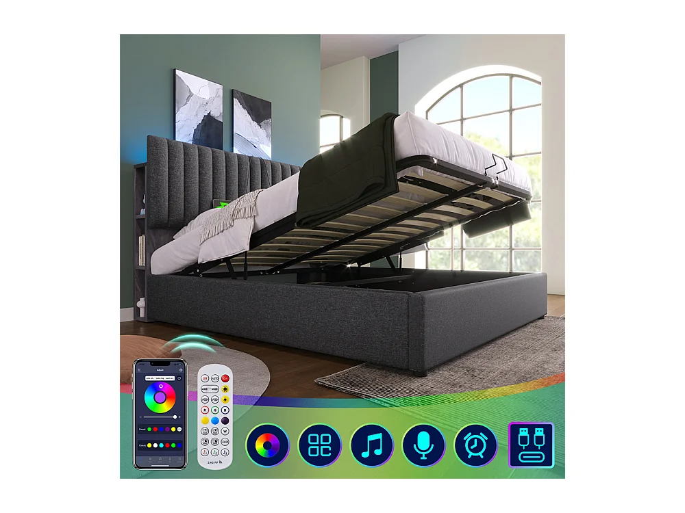 lit rembourré 160x200 cm lit de rangement avec fonction de recharge usb type c lit sommier à lattes en bois lit double lin gris