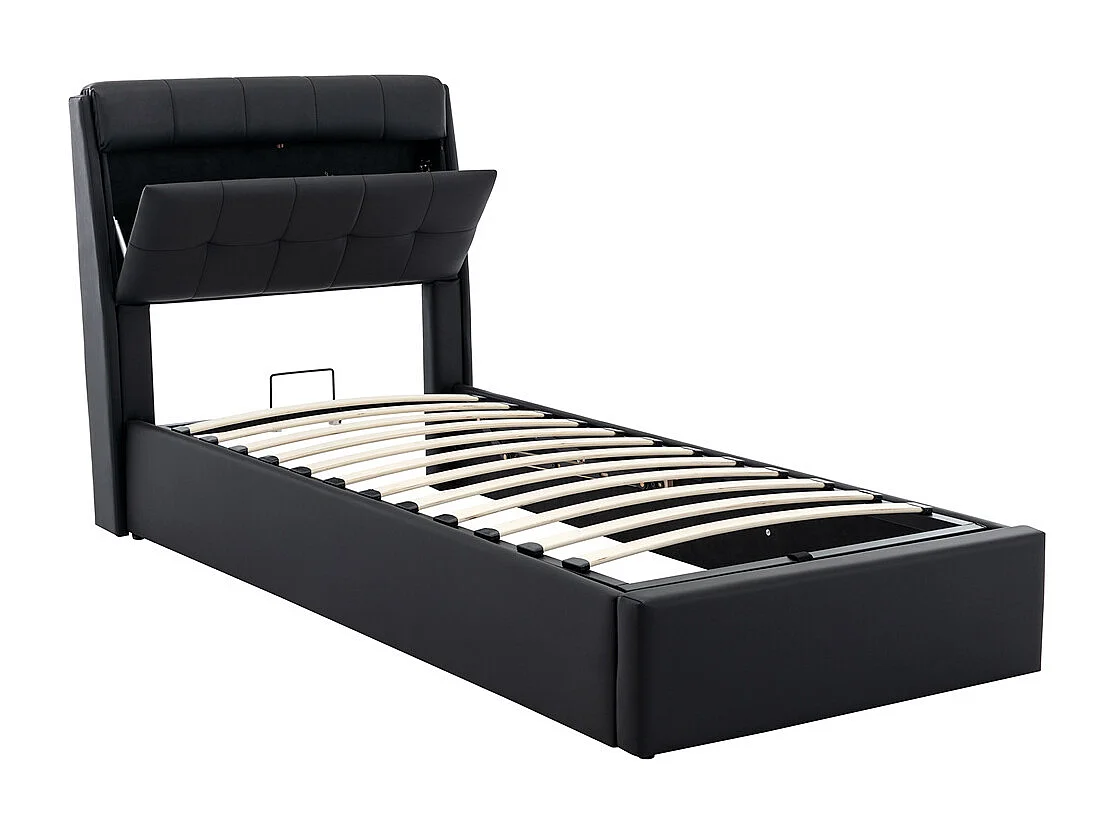 Volwassen bed 90x200 cm hydraulisch gestoffeerd bed Eenpersoonsbed met zwarte PU lattenbodem