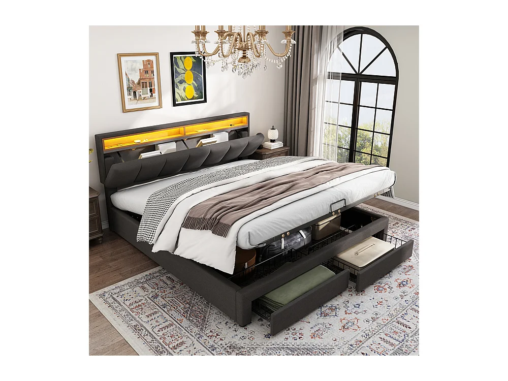 Lit adulte lit 160x200 cm lit rembourré hydraulique lit de rangement avec éclairage led lit double lin gris