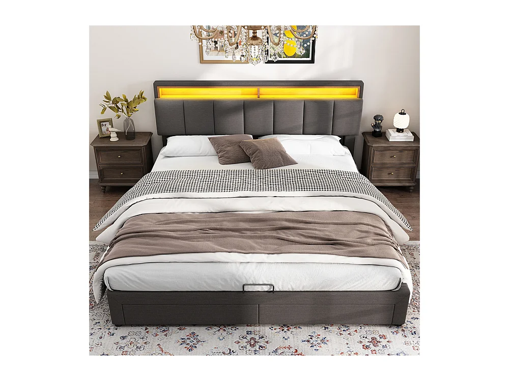 Lit adulte lit 160x200 cm lit rembourré hydraulique lit de rangement avec éclairage led lit double lin gris