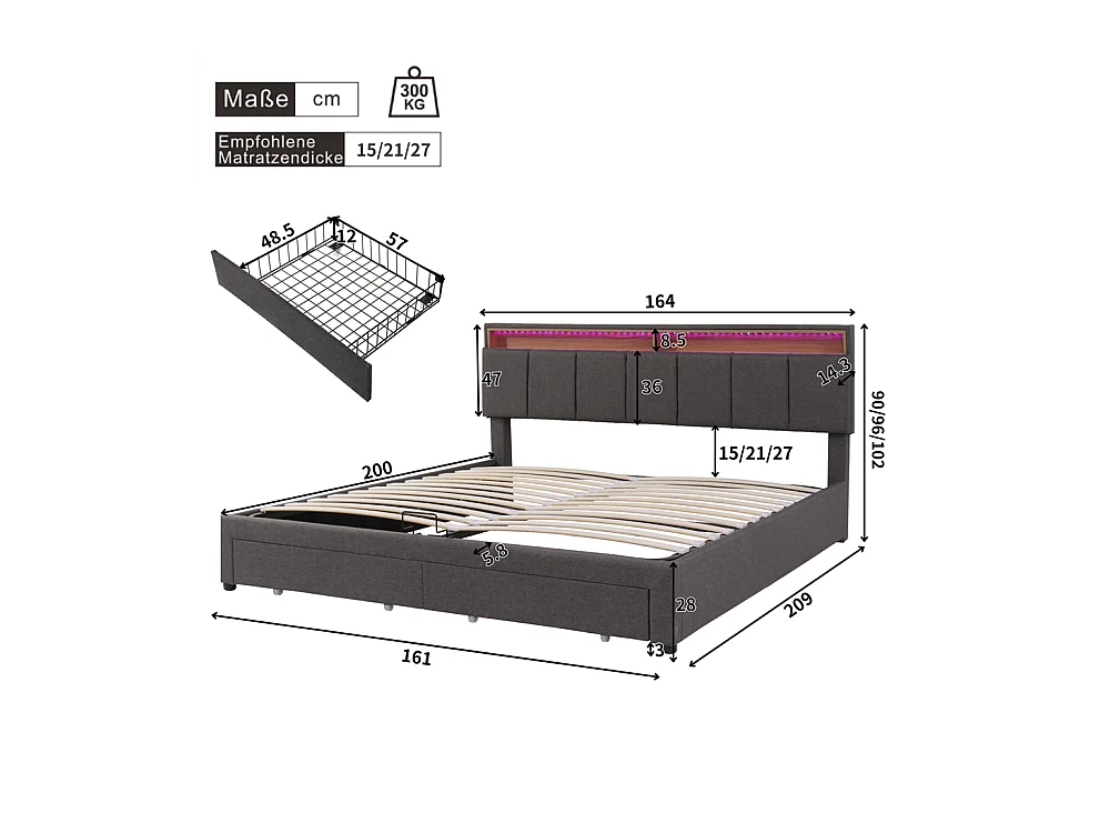 Lit adulte lit 160x200 cm lit rembourré hydraulique lit de rangement avec éclairage led lit double lin gris