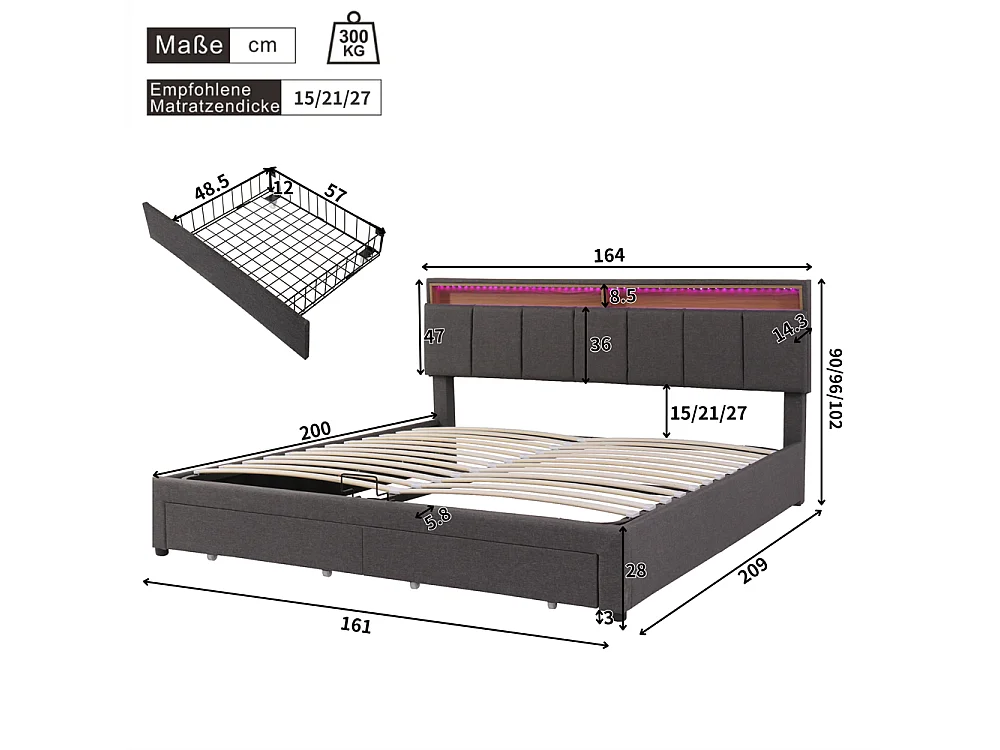 Lit adulte lit 160x200 cm lit rembourré hydraulique lit de rangement avec éclairage led lit double lin gris