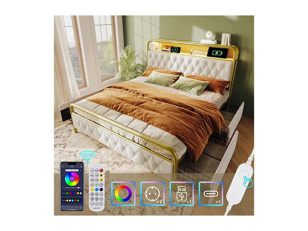 Volwassen bed 140x200 cm gestoffeerd bed met 4 lades tweepersoonsbed wit fluweel