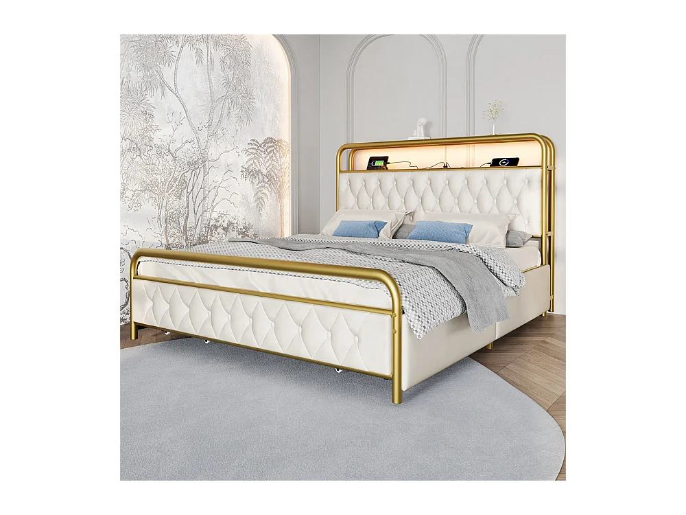 Volwassen bed 140x200 cm gestoffeerd bed met 4 lades tweepersoonsbed wit fluweel