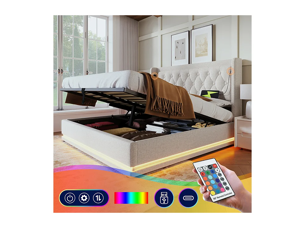 Lit adulte lit 140x200 cm lit rembourré hydraulique lit de rangement lit double coton beige