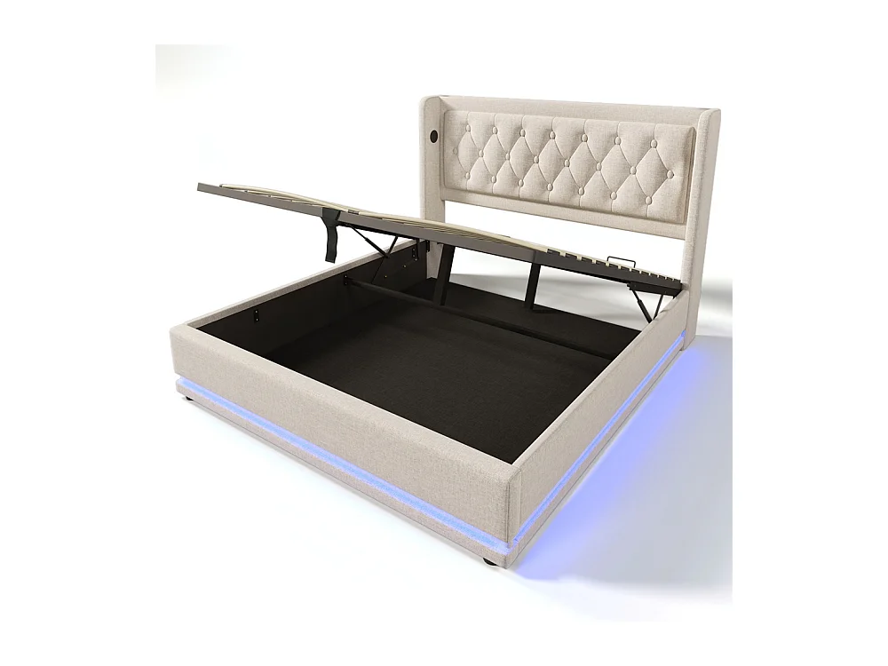 Lit adulte lit 140x200 cm lit rembourré hydraulique lit de rangement lit double coton beige