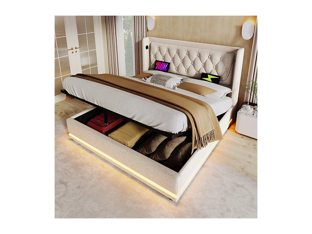 Lit adulte lit 140x200 cm lit rembourré hydraulique lit de rangement lit double coton beige