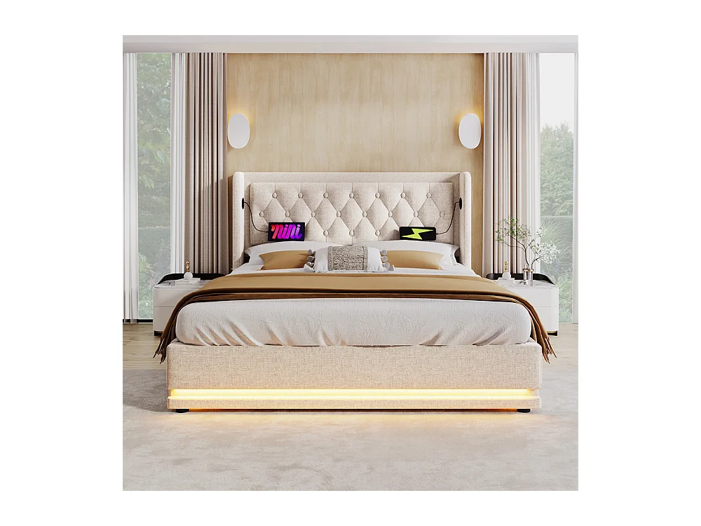 Lit adulte lit 140x200 cm lit rembourré hydraulique lit de rangement lit double coton beige