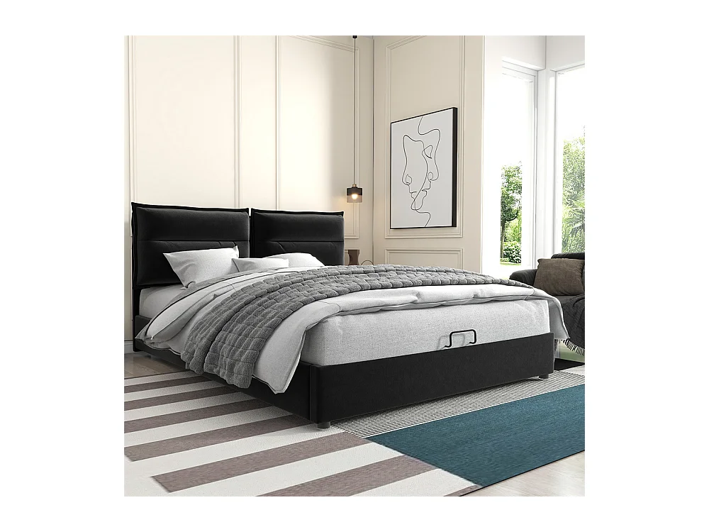 Tweepersoonsbed, hydraulisch gestoffeerd bed 140x200cm, opbergbed met metalen lattenbodem, fluweel, zwart, zonder matras