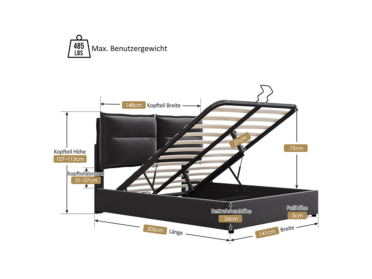 Tweepersoonsbed, hydraulisch gestoffeerd bed 140x200cm, opbergbed met metalen lattenbodem, fluweel, zwart, zonder matras