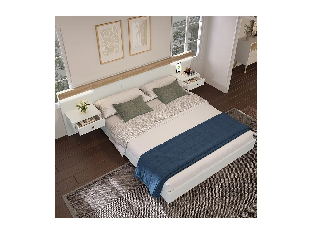 Volwassen bed 140x200 cm, tweepersoonsbed met hangende nachtkastjes, LED en USB type C aansluiting, houten frame, eiken + wit (zonder matras)