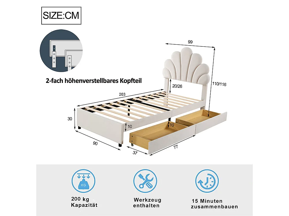 Lit adulte lit 90x200 cm lit rembourré lit cadre à lamelles lit 2 compartiments de rangement Single velours beige