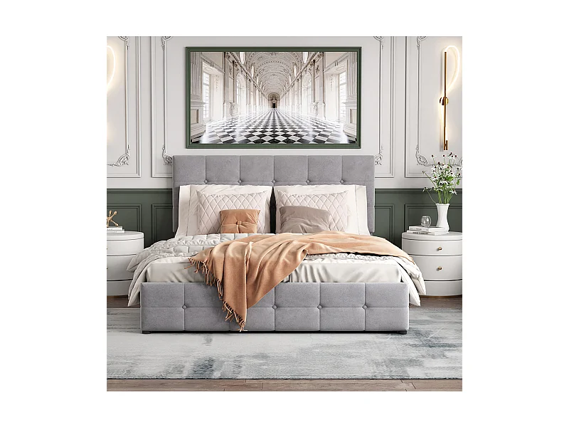 Volwassen bed 140x200 cm hydraulisch gestoffeerd bed opbergbed tweepersoonsbed grijs fluweel