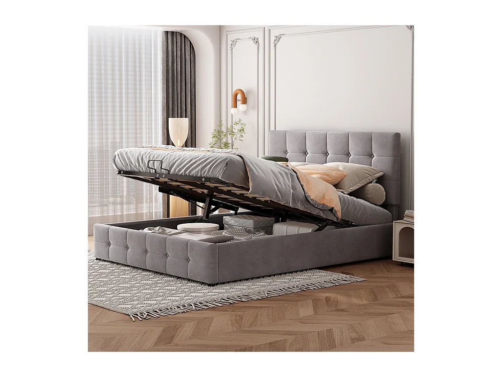 Volwassen bed 140x200 cm hydraulisch gestoffeerd bed opbergbed tweepersoonsbed grijs fluweel