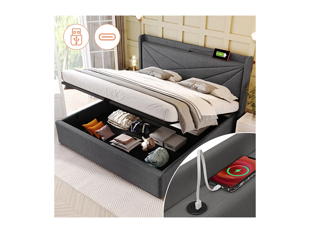 Lit rembourré lit coffre 140x200 cm lit de rangement lit tête de lit à fonction de charge usb type c lit double coton lin gris