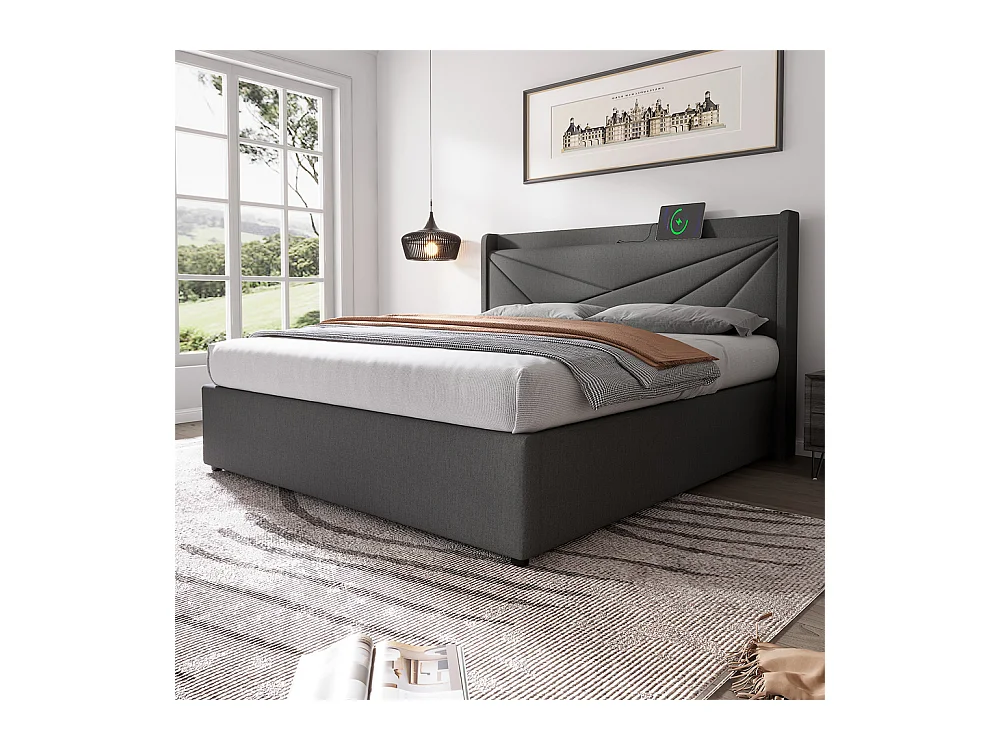 Lit rembourré lit coffre 140x200 cm lit de rangement lit tête de lit à fonction de charge usb type c lit double coton lin gris