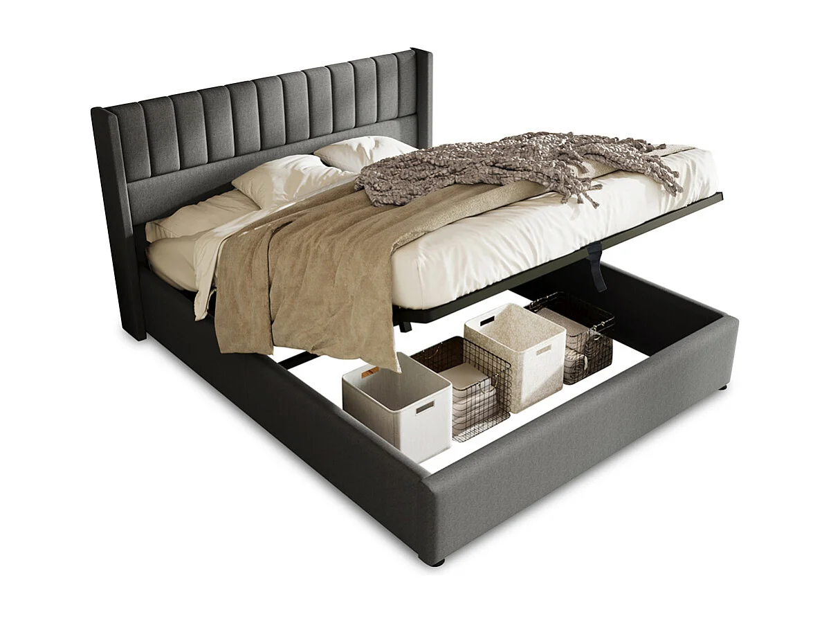 Lit rembourré hydraulique lit coffre 140x200 cm lit de rangement lit en métal lit cadre à lattes en bois lit double lin gris