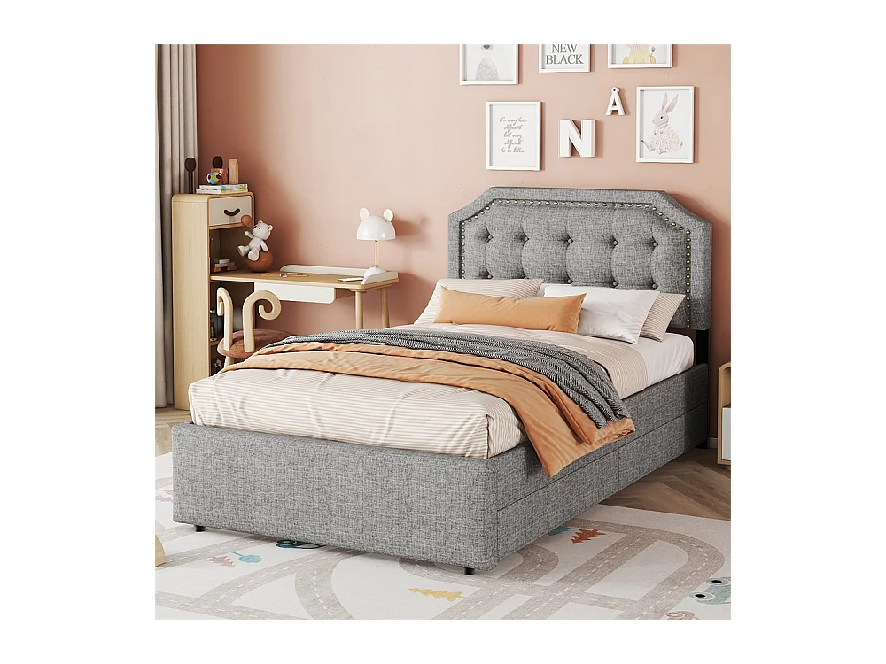 Volwassen bed 90x200 cm vlak bed gestoffeerd bed 2 laden Eenpersoonsbed grijs