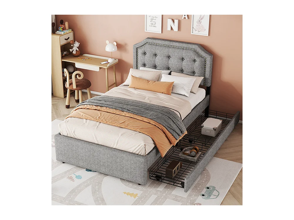 Volwassen bed 90x200 cm vlak bed gestoffeerd bed 2 laden Eenpersoonsbed grijs