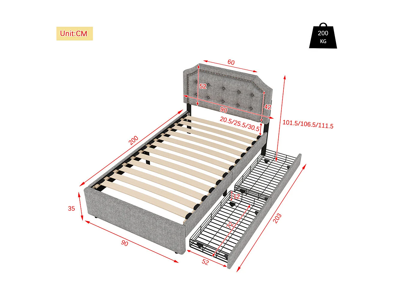 Volwassen bed 90x200 cm vlak bed gestoffeerd bed 2 laden Eenpersoonsbed grijs