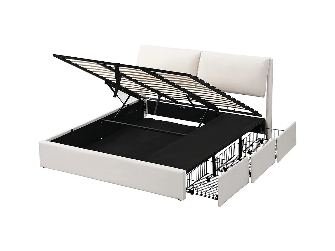 Lit rembourré hydraulique lit coffre 180x200 cm lit de rangement lit trois tiroirs lit cadre et tête de lit à lattes velours blanc