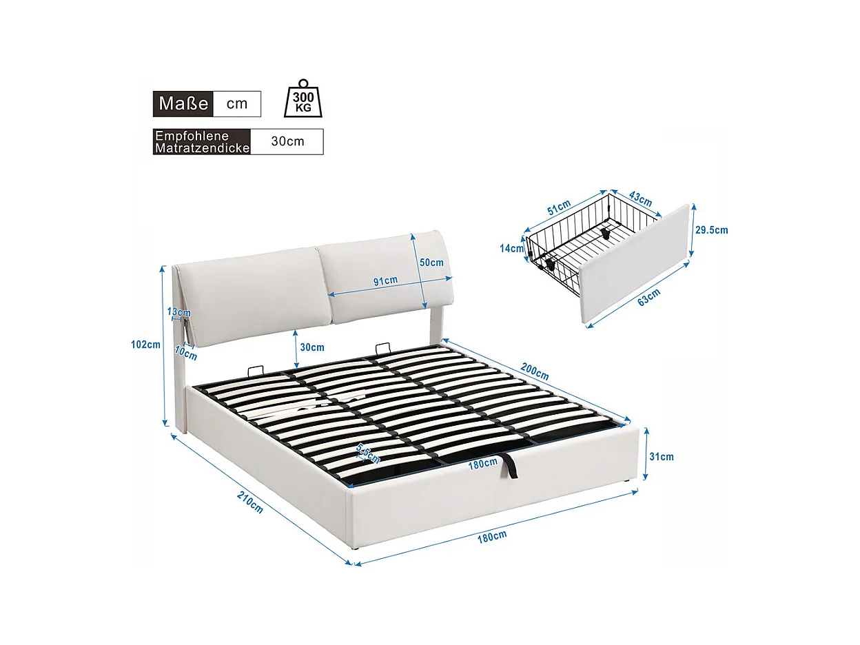 Lit rembourré hydraulique lit coffre 180x200 cm lit de rangement lit trois tiroirs lit cadre et tête de lit à lattes velours blanc