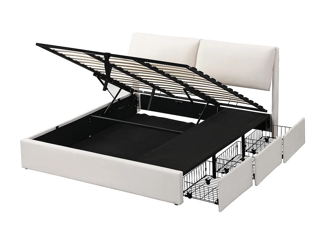 Lit rembourré hydraulique lit coffre 180x200 cm lit de rangement lit trois tiroirs lit cadre et tête de lit à lattes velours blanc