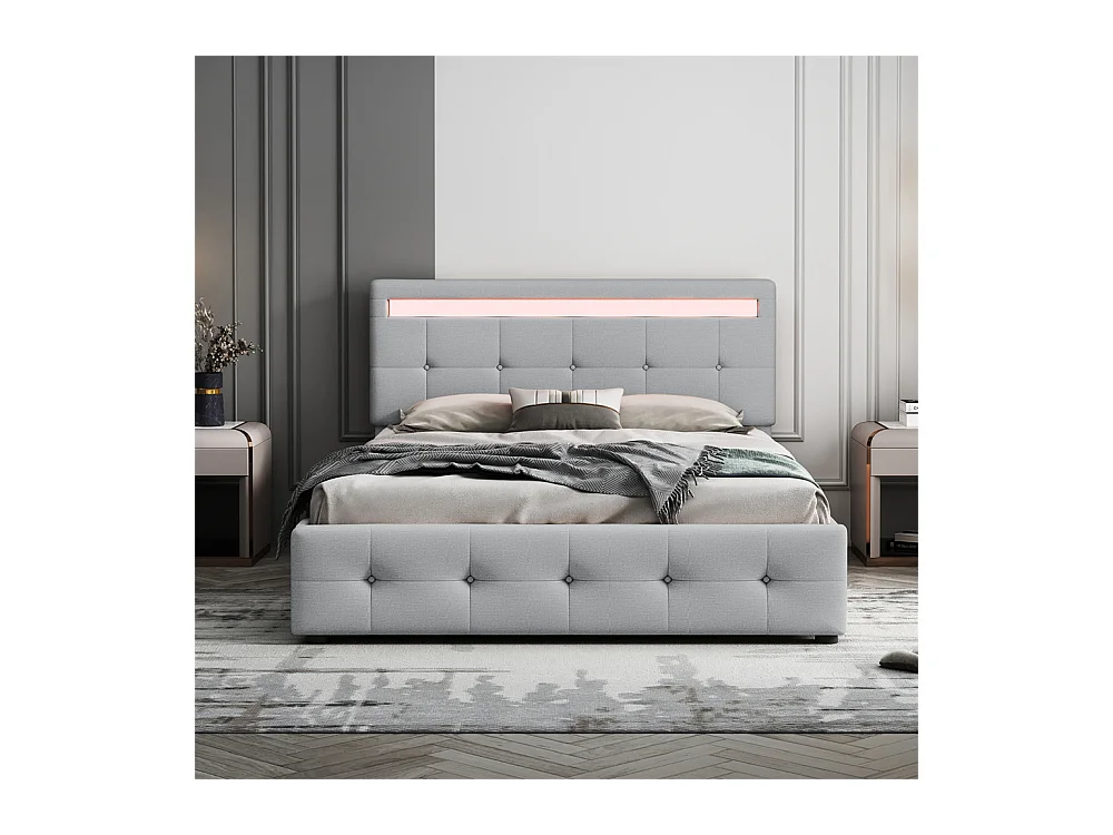 Volwassen bed 140x200 cm gestoffeerd ledikant met 4 lades en lattenbodem Eenpersoons grijs linnen