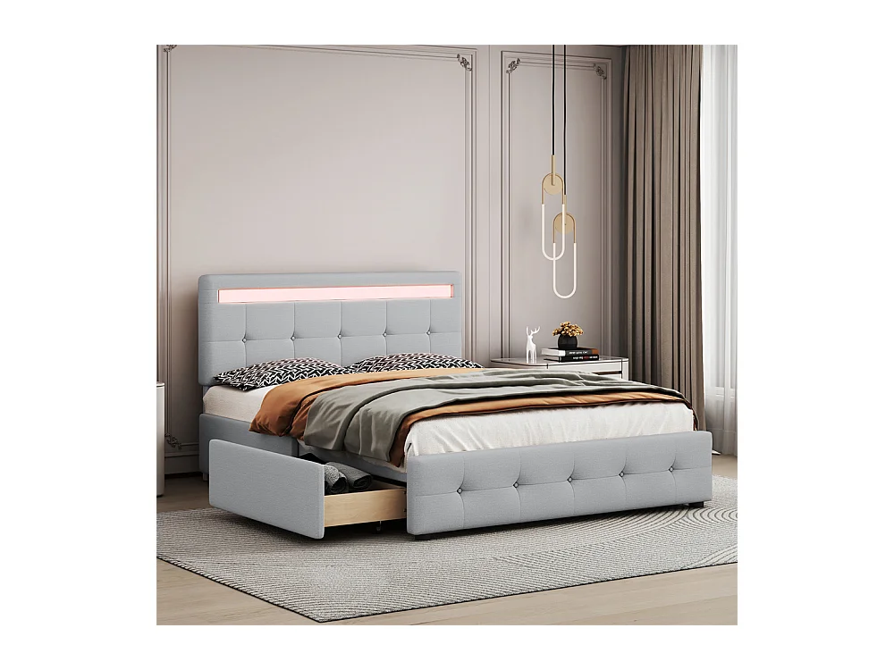 Volwassen bed 140x200 cm gestoffeerd ledikant met 4 lades en lattenbodem Eenpersoons grijs linnen