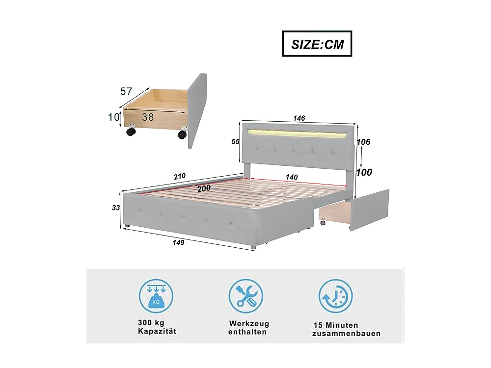 Volwassen bed 140x200 cm gestoffeerd ledikant met 4 lades en lattenbodem Eenpersoons grijs linnen