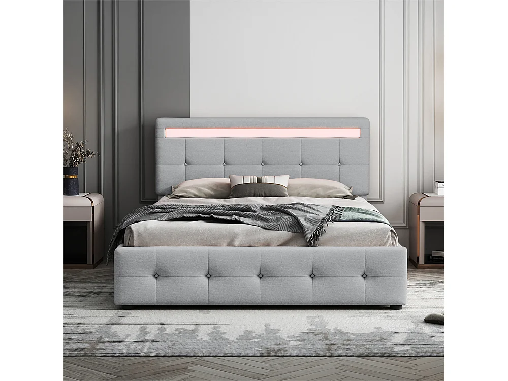 Volwassen bed 140x200 cm gestoffeerd ledikant met 4 lades en lattenbodem Eenpersoons grijs linnen