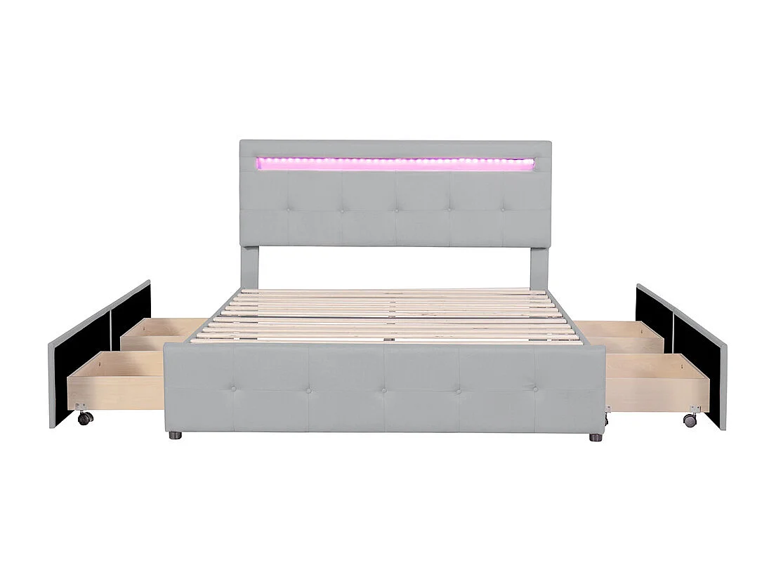 Volwassen bed 140x200 cm gestoffeerd ledikant met 4 lades en lattenbodem Eenpersoons grijs linnen