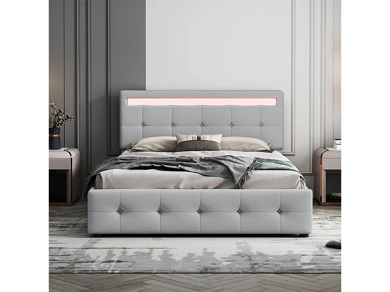 Volwassen bed 140x200 cm gestoffeerd ledikant met 4 lades en lattenbodem Eenpersoons grijs linnen