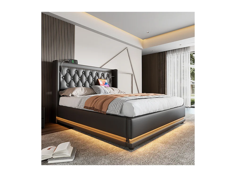 Lit rembourré hydraulique 180x200cm lit de rangement lit double avec fonction de charge usb type-c tête de lit pu noir